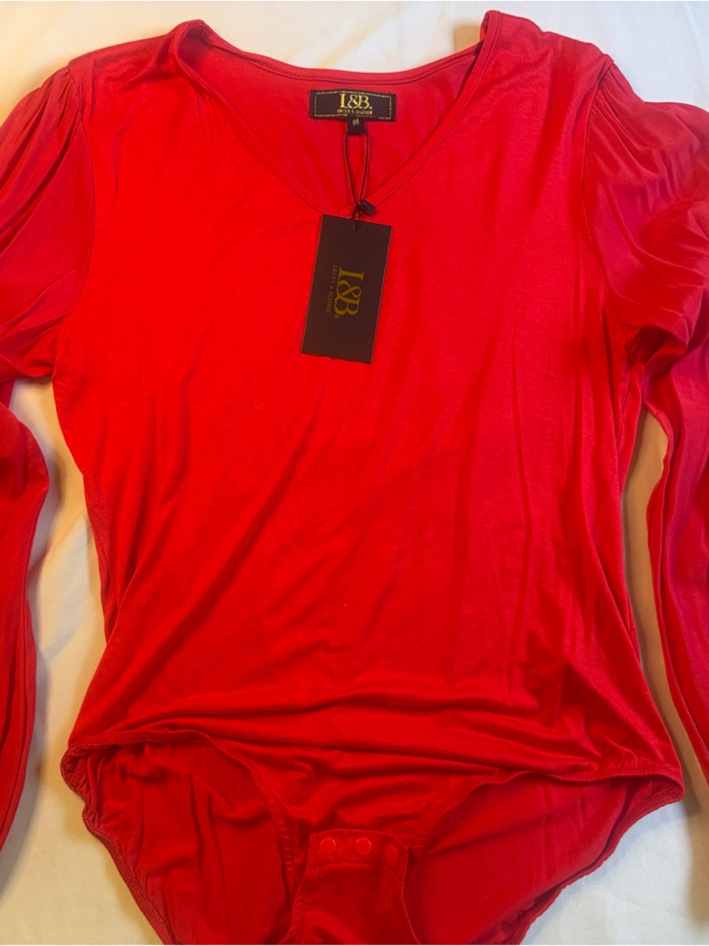 L&B Women’s Red V-Neck Long Sleeve Bodysuit